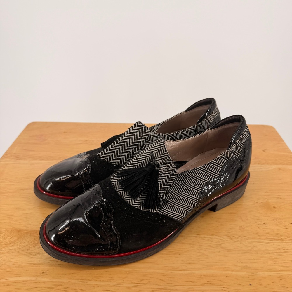 BeautiFeel Ria low-heel 39 Black Herringbone Tassel Patent Wingtip Academia